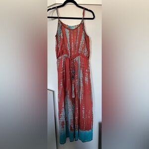 Salmon and Blue Tie-Dye Maxi Dress Size L Adjustable Waist and Straps